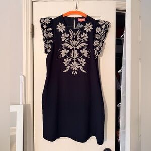 THML Black Mini Dress with cream Floral Embroidery